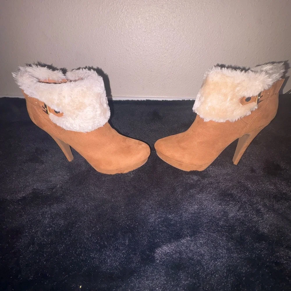 Women's Tan Ankle Boots with Faux Fur Trim - Picture 9 of 16